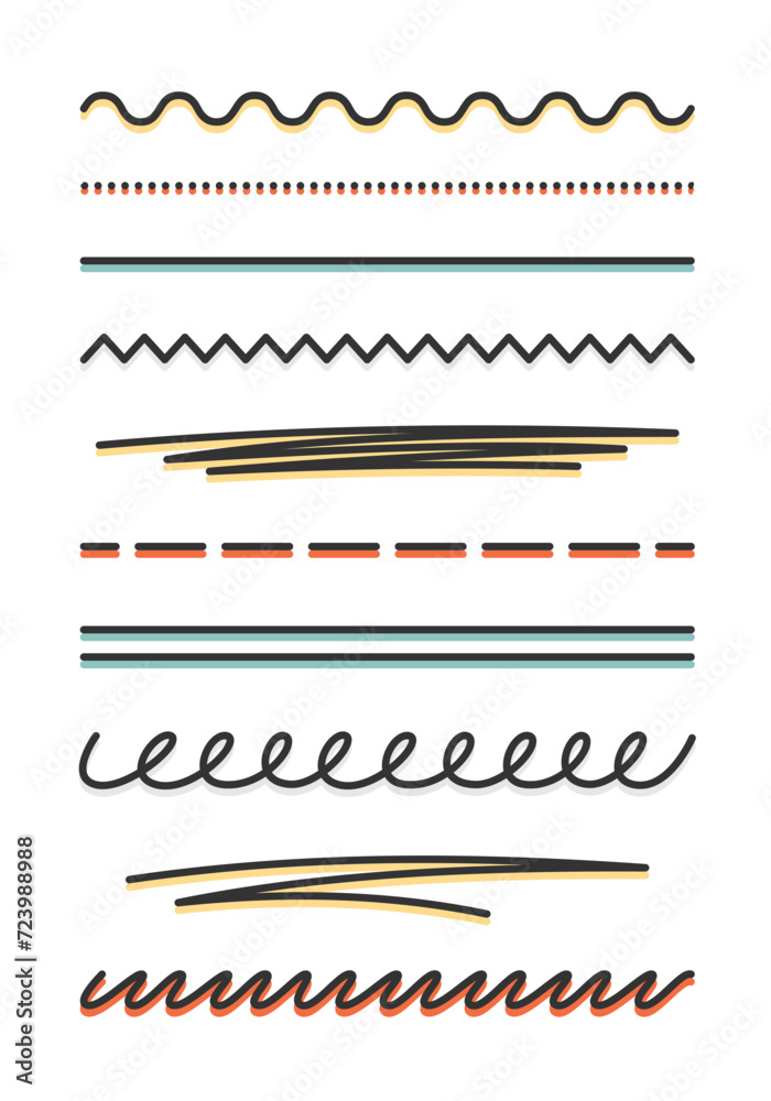 Obraz premium Set of hand drawn vector colorful horizontal scribbles underline elements