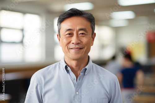 Smiling asian men teacher in a classroom. Mature teacher. Asian teacher in a room. Men teacher. Back to School. School holidays At work. AI.