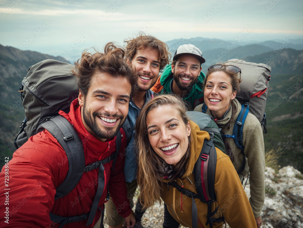 A group of young happy friends hiking together in the mountains in nature, wearing backpacks and hats taking a selfie photo. Doing sports for a healthy lifestyle.