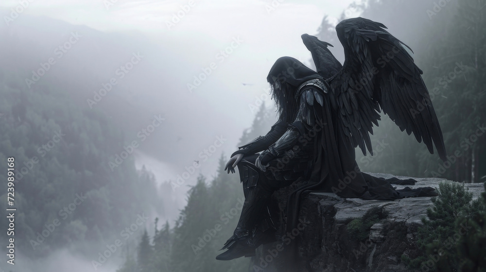 Perched on a misty cliff an angel clad in black armor keeps watch over a haunted forest her piercing gaze deterring any mischievous spirits from venturing out.