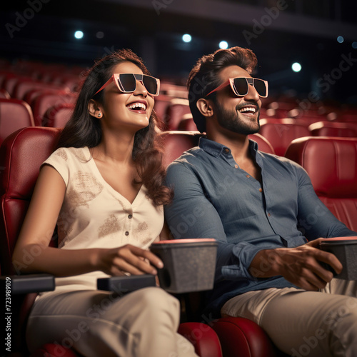 young couple enjoying movie in the theatre with audience background