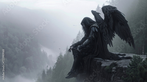 Perched on a misty cliff an angel clad in black armor keeps watch over a haunted forest her piercing gaze deterring any mischievous spirits from venturing out. photo