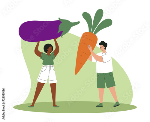 People with huge vegetables. Vector flat illustration