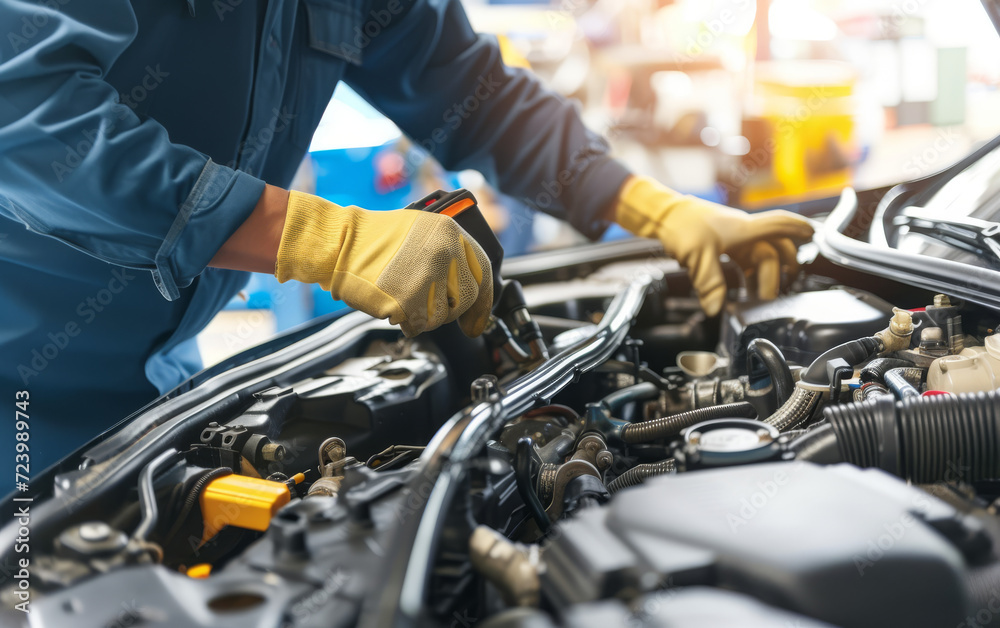 Mechanic working on a car engine with the hood open Mechanic working on a car engine with the hood open