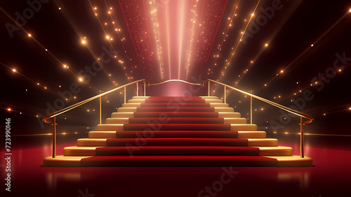 Red carpet on the stairs on dark background, the way to glory, victory and success