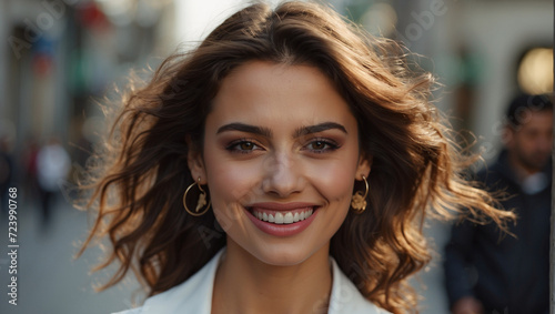 Closeup photo portrait of a beautiful young turkish model woman smiling with white teeth
 photo