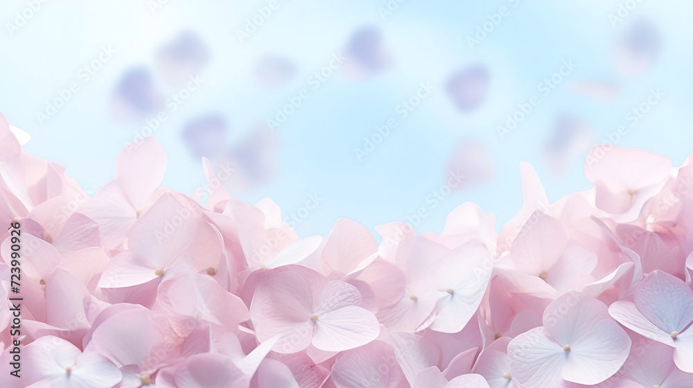 Fototapeta premium A cascade of soft, pastel hydrangea petals creating a dreamlike atmosphere, falling flower petals, Valentine's Day, dynamic and dramatic compositions, with copy space