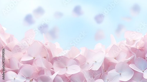 A cascade of soft, pastel hydrangea petals creating a dreamlike atmosphere, falling flower petals, Valentine's Day, dynamic and dramatic compositions, with copy space