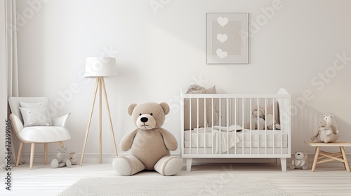 Baby kids banner. Modern minimalist baby room pastel with toy bear