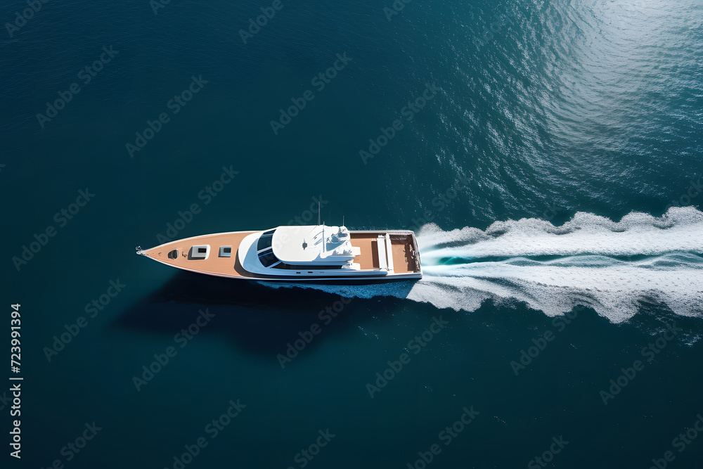 A luxurious, modern yacht gracefully cruises through the deep blue ocean. A luxurious, modern yacht gracefully cruises through the deep blue ocean.
