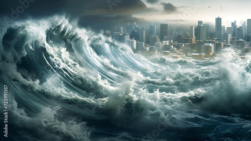 A large tsunami wave covers the city