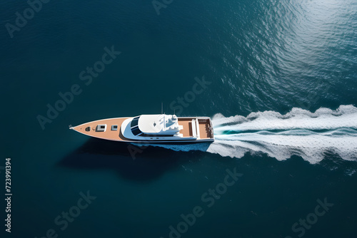 A luxurious, modern yacht gracefully cruises through the deep blue ocean. © D