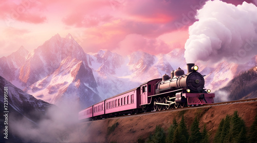 pink steam train in the mountains