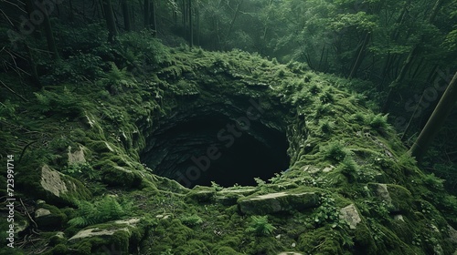 An enigmatic sinkhole opens amidst a lush forest, with ferns and moss-covered stones creating a natural, untouched scene. © Sodapeaw
