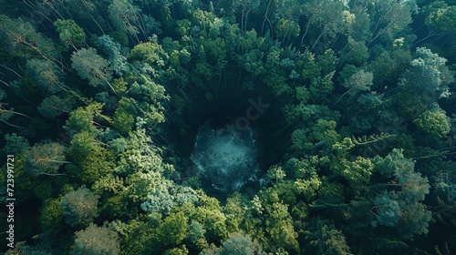 Bird's-eye view of a dense canopy of trees interrupted by a deep, dark void, evoking a sense of mystery within the forest.