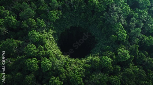 Fotografiet The sunlit verdure of a forest canopy is dramatically interrupted by the gaping darkness of a massive sinkhole, viewed from above