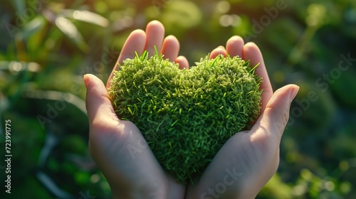 Caring hands hold a heart-shaped piece of moss, symbolizing love for nature, with the warm sunlight filtering through.