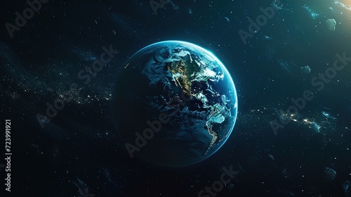 Planet Earth, with its glowing city lights and swirling clouds, hangs in the vast expanse of space, surrounded by the twinkling stars of the Milky Way.