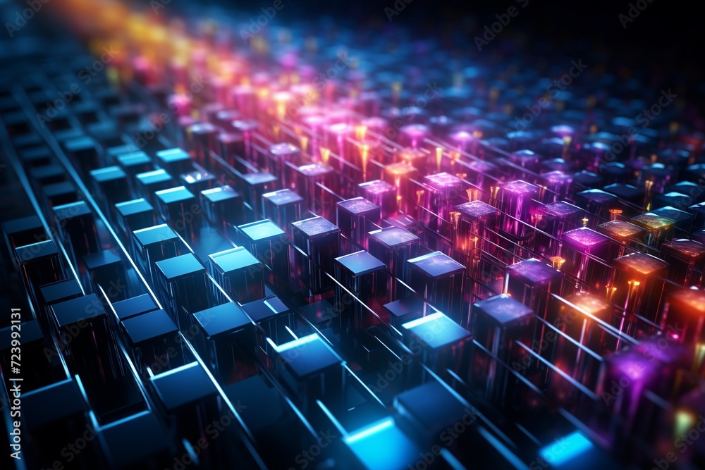 Fototapeta premium Immerse yourself in the mesmerizing beauty of this visually stunning abstract tech background. Illuminated fiber optic connections weave together in a sophisticated network system, inspired by quantum
