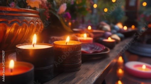 Aromatic candles burns creating coziness and relaxing atmosphere on table in spa procedure salon