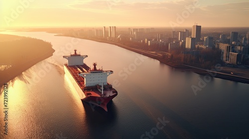 Aerial view of cargo ship in sea. photo