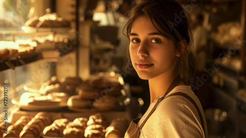 A young girl seller in a bakery.