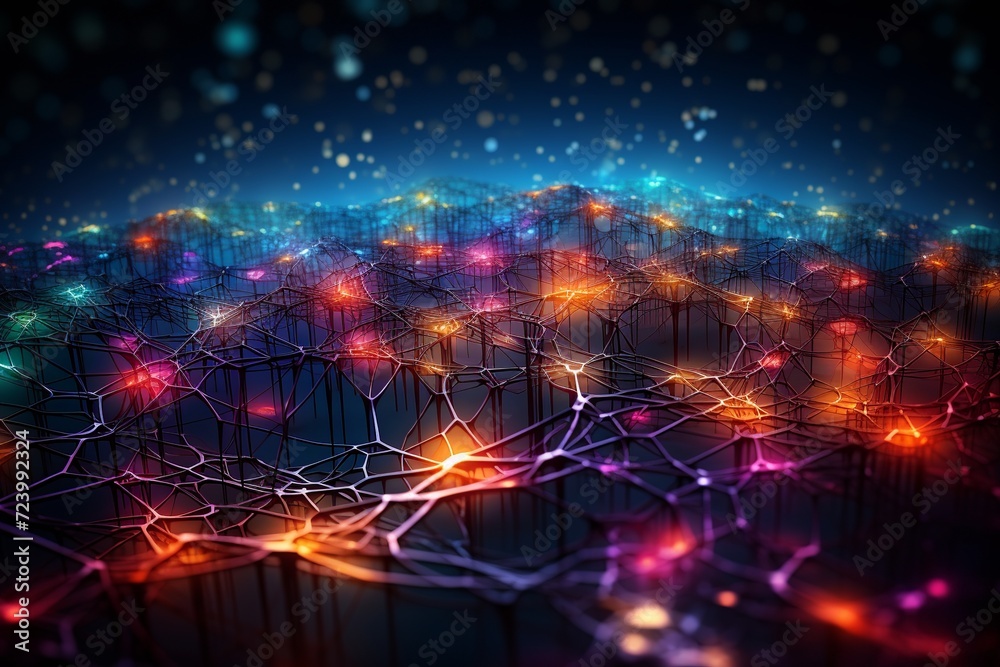 Immerse yourself in the mesmerizing beauty of this visually stunning abstract tech background. Illuminated fiber optic connections weave together in a sophisticated network system, inspired by quantum