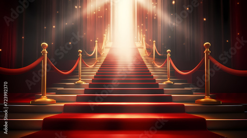 Red carpet on the stairs on dark background, the way to glory, victory and success