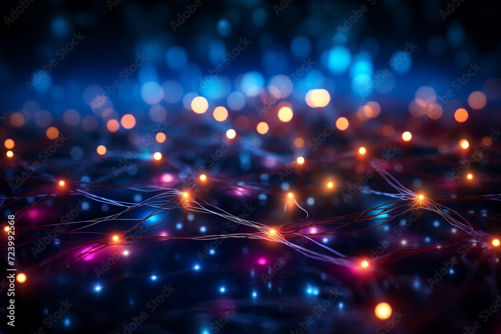 Immerse yourself in the mesmerizing beauty of this visually stunning abstract tech background. Illuminated fiber optic connections weave together in a sophisticated network system, inspired by quantum - obrazy, fototapety, plakaty 