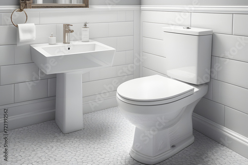 Modern white ceramic pedestal sink and toilet in a beautifully designed bathroom