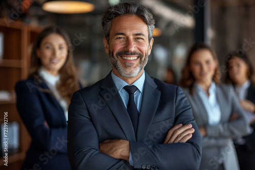 Portrait of a professional business man CEO, exuding leadership and confidence, with a blurred business team in the background, corporate power concept.