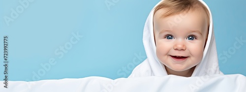 Baby banner. Cute baby advertisement Studio portrait of a lovely baby on a light blue background