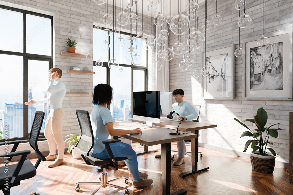 modern office with team of it professionals; with floor-to-ceiling windows and panoramic view; modern minimalistic interior design of workspace, top down view; bright daylight; 3D rendering modern office with team of it professionals; with floor-to-ceiling windows and panoramic view; modern minimalistic interior design of workspace, top down view; bright daylight; 3D rendering