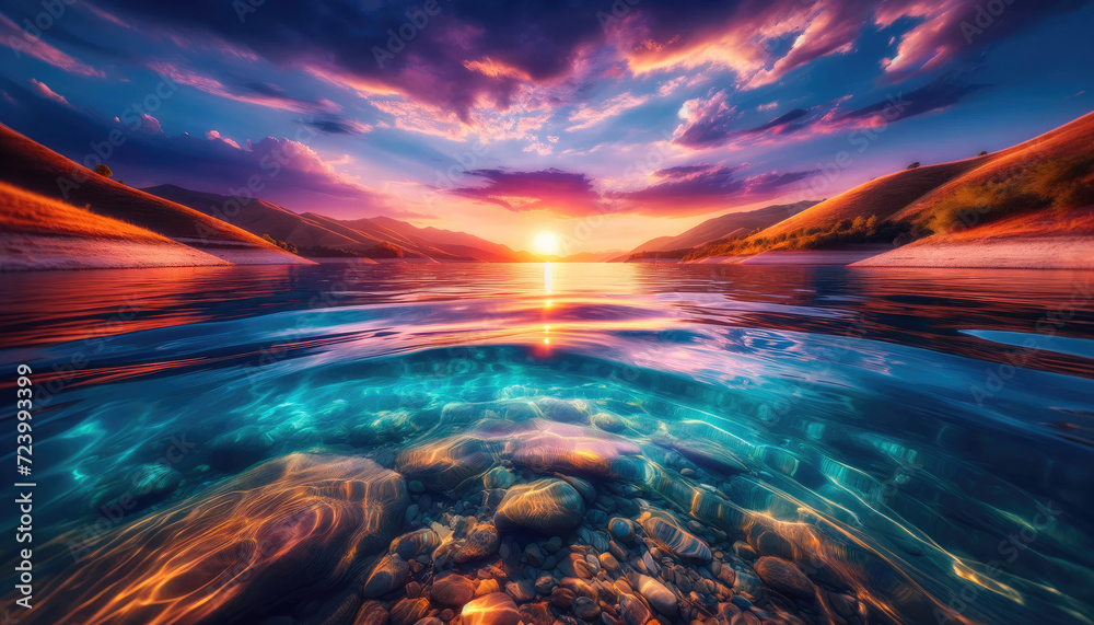 Sunset Over Lake with Underwater - sun's reflection on water.