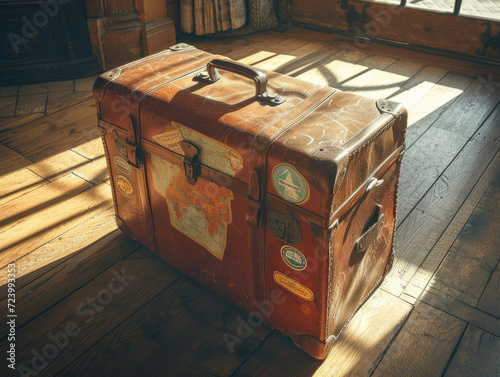Stickers on a vintage chest tell the story of your travels.