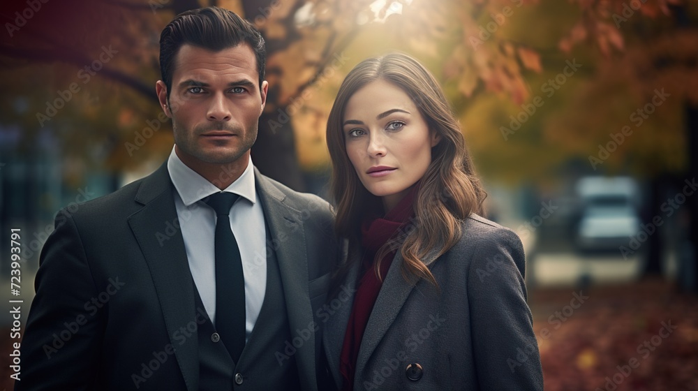 A beautiful young woman and a serious businessman standing together in an urban park A beautiful young woman and a serious businessman standing together in an urban park