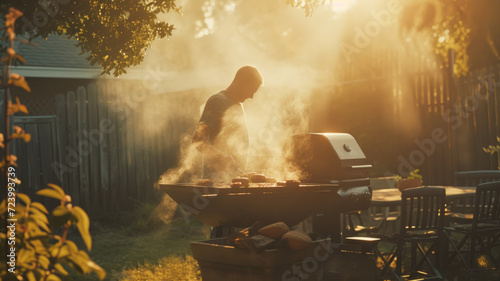 A man is barbecuing in his backyard.