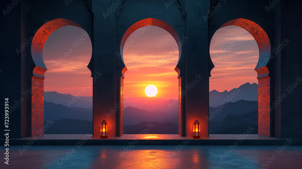 View from the arches of the mosque at sunset in the evening sky