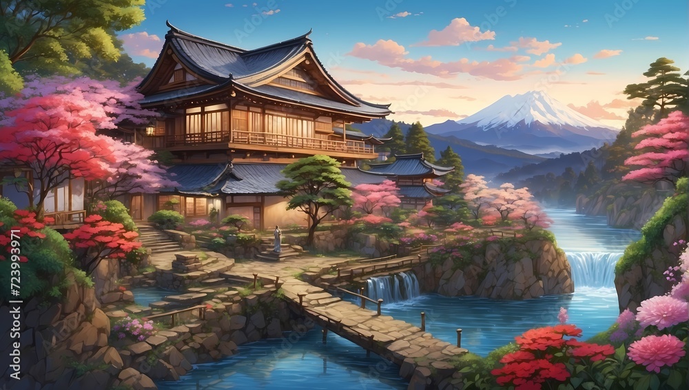 Obraz premium Beautiful japanese garden in spring at day.Generative AI