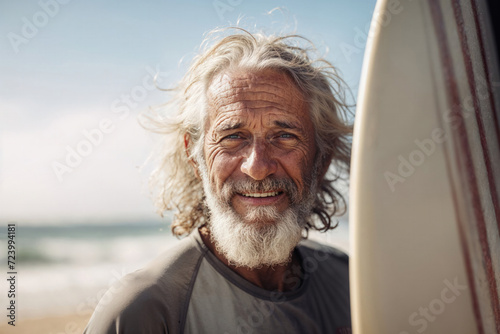 An elderly man with a surfboard exudes joy and vitality by the seaside, his long white hair symbolizing an active lifestyle beyond retirement