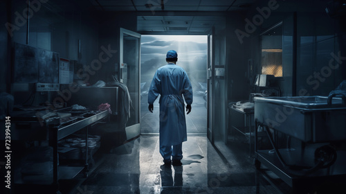 Silhouetted Medical Professional Standing in a Dimly Lit Hospital Corridor © Miva