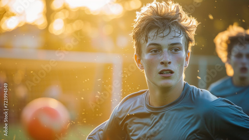 Portrait of a sweaty teenager while playing football. © SashaMagic