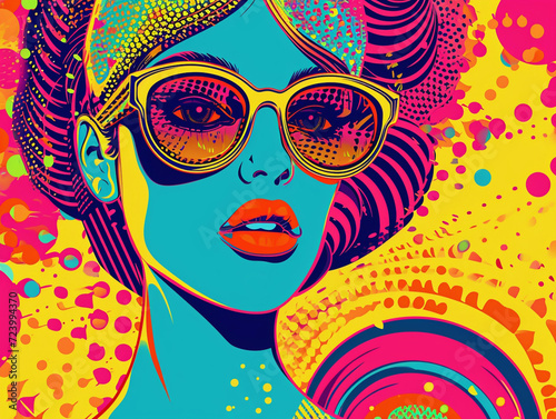 Woman in sunglasses on abstract background. Contemporary art style, retro style