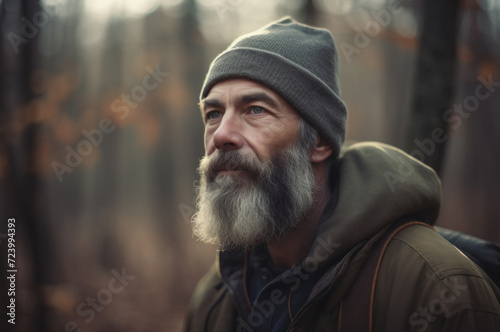 A reflective portrait of a mature man with a beard, wearing a beanie and a backpack, in a forest, conveying a sense of adventure and introspection