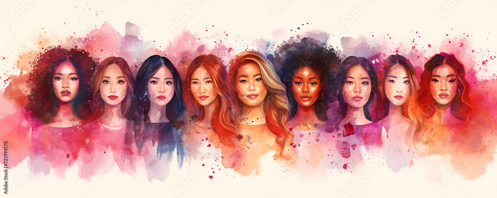 Happy women group for International Women’s day , watercolor style illustration, Smiling people group holding hearts. Valentine s Day. Love and volunteering vector illustration, Generative AI