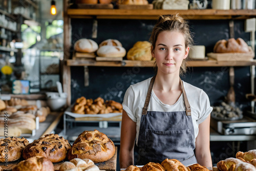 A young female baker stands proudly in front of a display of freshly baked bread in a rustic bakery