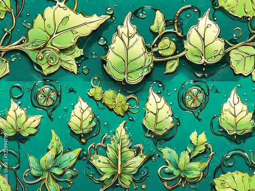 Generated green creative background with leaves and water drops. Generative AI