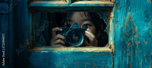 young girl with a vintage camera looking through the window of an old house photo