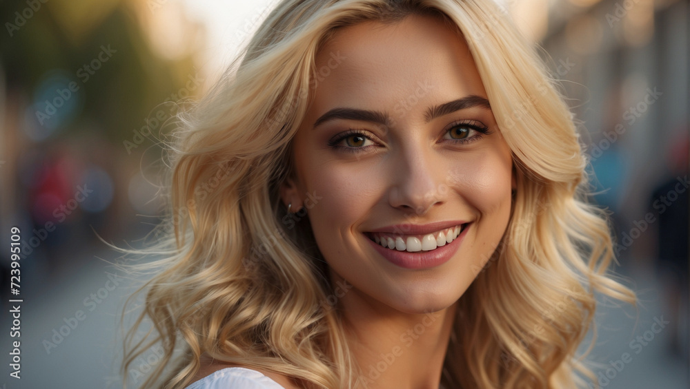 Closeup photo portrait of a beautiful young blonde turkish model woman smiling with white teeth in downtown Istanbul
Closeup photo portrait of a beautiful young blonde turkish model woman smiling with white teeth in downtown Istanbul