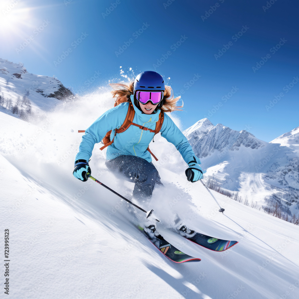Young woman in skiing action on the ice mountain